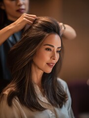 Fototapeta premium Hairdresser styling woman's hair in modern salon with warm lighting and inviting atmosphere