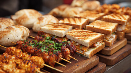 A tempting array of fresh-grilled sandwiches, chicken kebabs, and crusty buns all displayed on a rustic wooden surface. A delicious selection!