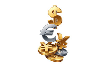 Financial investment strategy showing global currency symbols, dollar, euro, yen with gold coins, symbolizing wealth creation and international banking growth