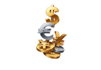 Financial investment strategy showing global currency symbols, dollar, euro, yen with gold coins, symbolizing wealth creation and international banking growth