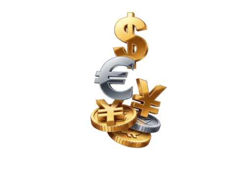 Financial investment strategy showing global currency symbols, dollar, euro, yen with gold coins, symbolizing wealth creation and international banking growth - Powered by Adobe