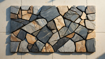 A rectangular tile with a mosaic of irregular stones in shades of gray and beige.