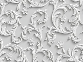 Seamless 3d baroque floral ornament pattern in white plaster relief on a light gray background, elegant vintage wallpaper texture