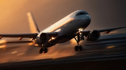 Fototapeta premium Airplane takeoff sunset