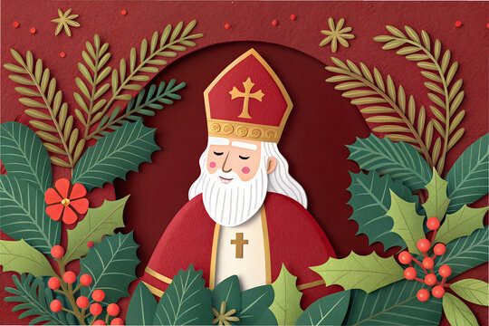Celebrate Saint Nicholas Day with a festive bishop figure in red robes, surrounded by holly, pine, and stars on a vibrant holiday background. generative ai
