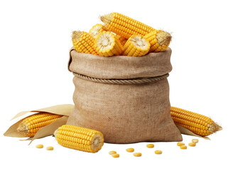Pile of ripe yellow corn cobs in a burlap sack isolated PNG, fresh maize harvest on transparent...