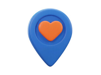 Blue location pin with orange heart isolated PNG, map pointer for favorite place and travel...