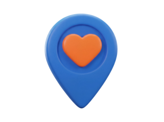 Blue location pin with orange heart isolated PNG, map pointer for favorite place and travel destination on transparent background