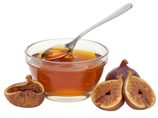 Figs and honey isolated PNG, halved fresh fruit with seeds and sweet golden syrup in glass bowl on...