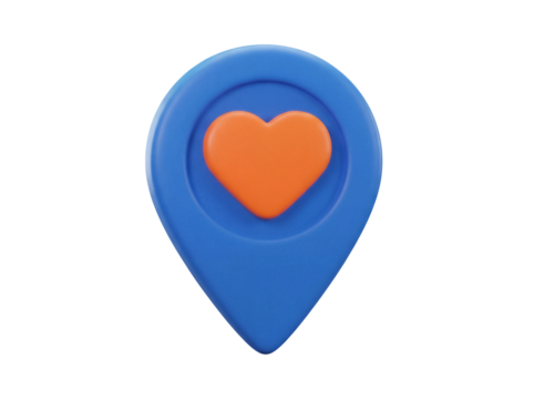 Blue location pin with orange heart isolated PNG, map pointer for favorite place and travel destination on transparent background