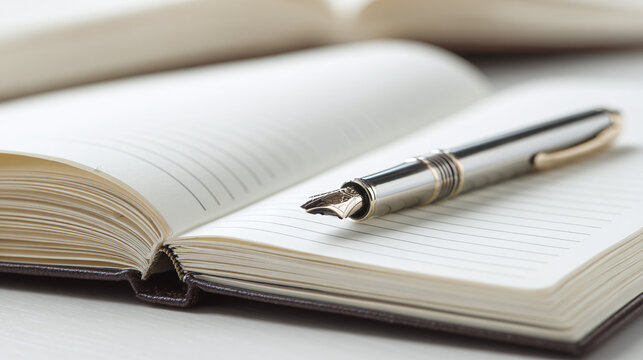 An open journal with lined pages sits on a white surface, a metal pen resting across the paper, poised to record thoughts and ideas.