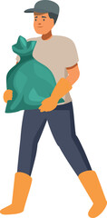 Volunteer wearing gloves and boots carrying garbage bag promoting environmental protection and recycling