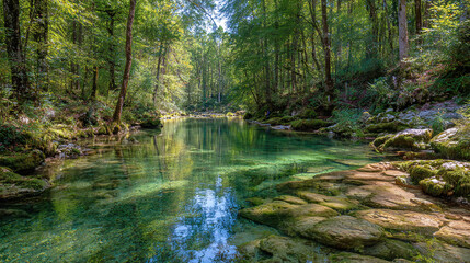 Fototapeta premium A serene river flows gently through a lush forest. Sunlight filters through the trees, illuminating the crystal-clear water and mossy rocks.