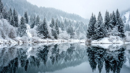 A reflective, serene winter landscape, showcases snow-covered evergreen trees mirrored in a calm lake. Nature's beauty in a tranquil scene.