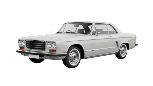 Classic white luxury coupe car displayed from side view, cut out, stock png, isolated on transparent background