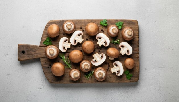 Fresh brown cremini mushrooms whole and sliced are arranged with herbs and spices on a rustic wooden cutting board, seen from a top-down perspective on a gray background
