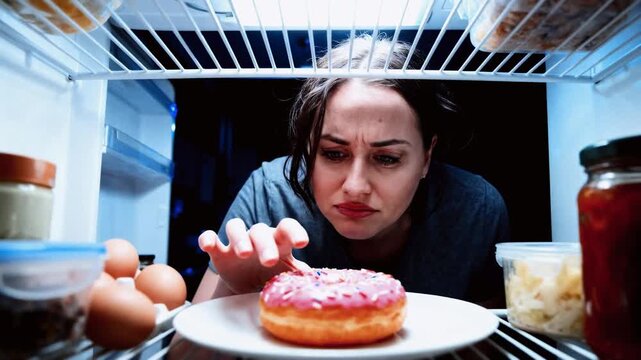 Hungry woman staring at a pink donut inside an open refrigerator late at night. Person struggling with diet temptation and reaching for a sweet snack. Unhealthy eating and guilt concept