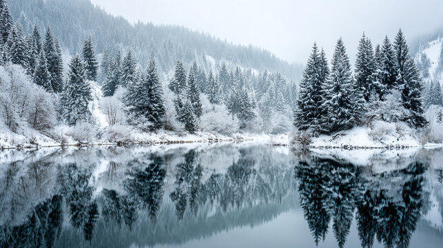 A reflective, serene winter landscape, showcases snow-covered evergreen trees mirrored in a calm lake. Nature's beauty in a tranquil scene.