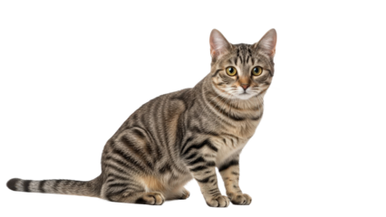 Brown striped tabby cat sitting, looking forward, attentive gaze, cut out, stock png, isolated on transparent background