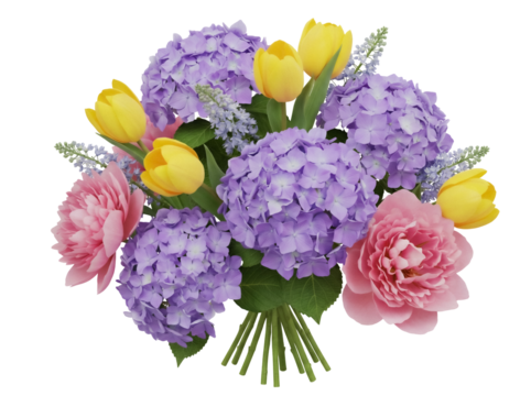 Floral bouquet with pink peonies, yellow tulips and purple hydrangeas isolated PNG, spring flower arrangement on transparent background - Powered by Adobe