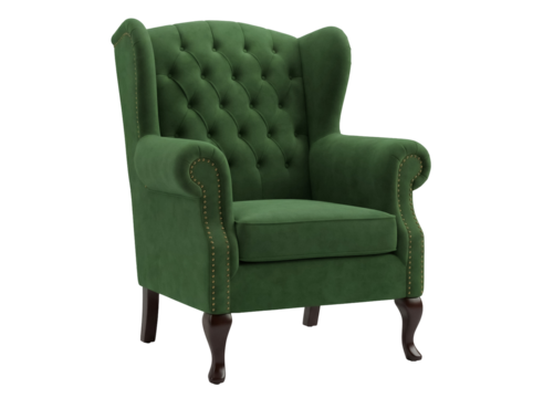 Elegant green velvet wingback armchair isolated PNG, vintage style furniture for living room or study on transparent background