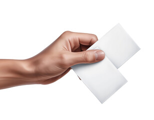 Hand holding two blank white business cards for customization isolated on transparent background