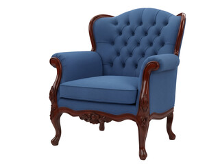 Elegant blue armchair isolated PNG, vintage style tufted wingback chair with dark wood trim for...
