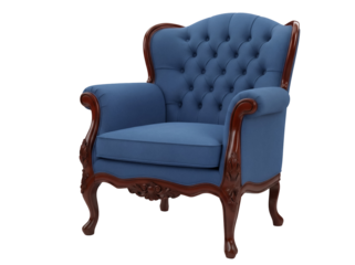 Elegant blue armchair isolated PNG, vintage style tufted wingback chair with dark wood trim for living room or study decor