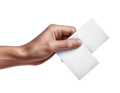 Hand holding two blank white business cards for customization isolated on transparent background