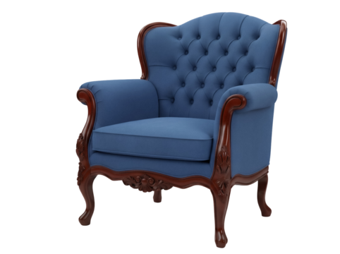 Elegant blue armchair isolated PNG, vintage style tufted wingback chair with dark wood trim for living room or study decor