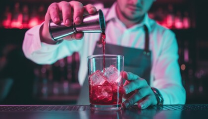 Bartender's hands pouring a red cocktail from a jigger into a glass with ice cubes on a bar counter with moody pink and blue neon lighting in a dark nightclub