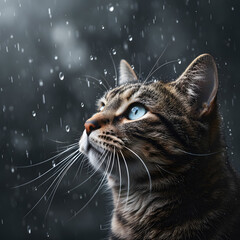 Tabby cat with bright blue eyes looking up at falling raindrops in a dark, atmospheric setting. Generative AI.