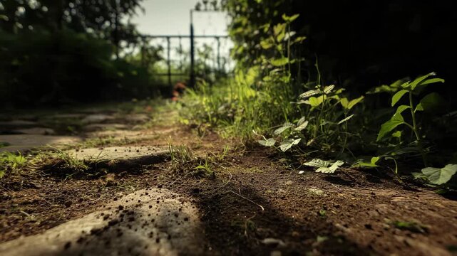 Garden rake rests on stone path surrounded by lush greenery in late afternoon sunlight