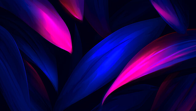 Abstract close-up of dark blue and vibrant pink leaves with a soft glow. - Powered by Adobe