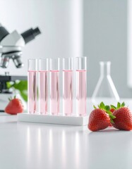 Five test tubes with vibrant pink liquid stand alongside fresh red strawberries, a microscope, and lab glassware on a bright white surface. Exploring fruit science.