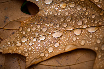 Macro rain drops on an autumn leaves