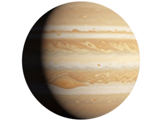 Jupiter planet PNG isolated on transparent background, gas giant with colorful bands and swirling patterns for astronomy and science projects