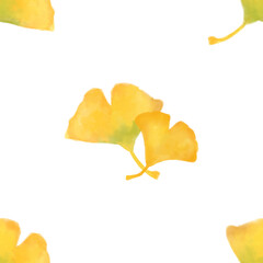 Autumn ginkgo leaf seamless pattern. Yellow leaves pattern watercolor illustration for wrapping paper, textile prints, banners, backgrounds