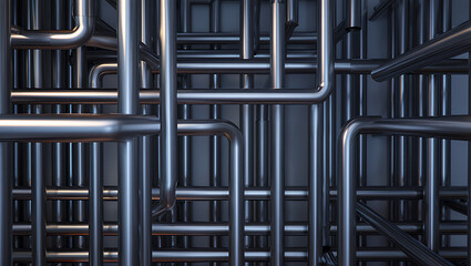 A dense, intricate network of shiny metallic pipes forming a complex industrial system or abstract pattern.