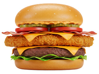 Delicious burger with crispy chicken and bacon isolated PNG, appetizing fast food with beef patty and fresh vegetables on transparent background