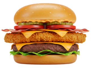 Delicious burger with crispy chicken and bacon isolated PNG, appetizing fast food with beef patty and fresh vegetables on transparent background