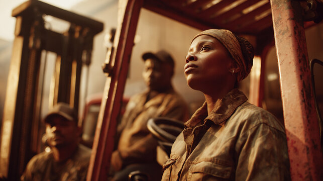 African female warehouse manager instructing team in industrial setting with focus on teamwork and leadership - Powered by Adobe