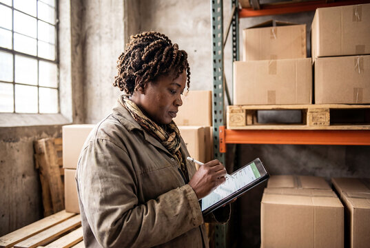 African female warehouse manager using tablet to instruct team in industrial storage environment - Powered by Adobe
