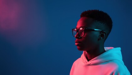 Serious young Black man in eyeglasses and a white hoodie is seen in profile, bathed in dramatic pink and blue cyberpunk lighting on a dark studio background