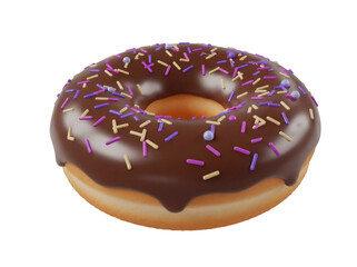 Delicious chocolate donut with sprinkles isolated PNG, sweet dessert with colorful toppings on transparent background for bakery and cafe use