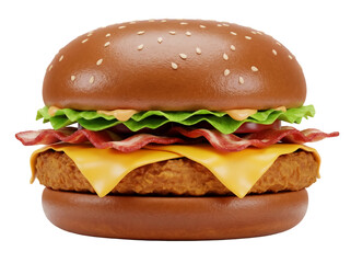 Delicious chicken burger with bacon isolated on transparent background PNG, appetizing fast food with cheese and lettuce for restaurant menu