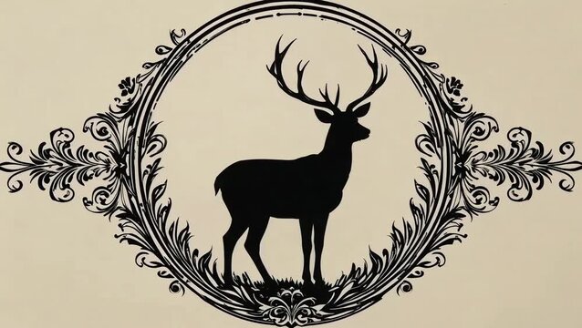 Majestic deer silhouette framed with elegant vintage floral ornamentation moving slowly