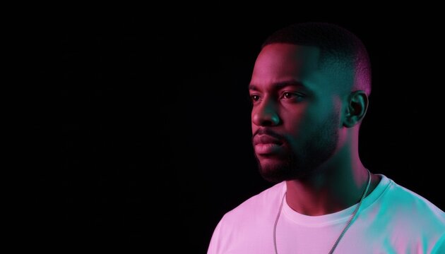 Handsome young Black man with a beard looking thoughtfully to the side under dramatic pink and cyan neon lighting on a dark background with copy space