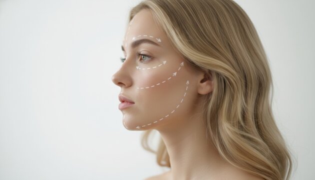 Profile of a beautiful young woman with dotted surgical lines on her face for a cosmetic procedure, representing aesthetic medicine, anti-aging, and skincare concepts on a light background