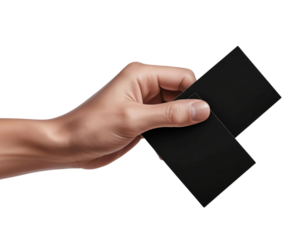 Hand holding two blank black business cards, isolated on white isolated on transparent background